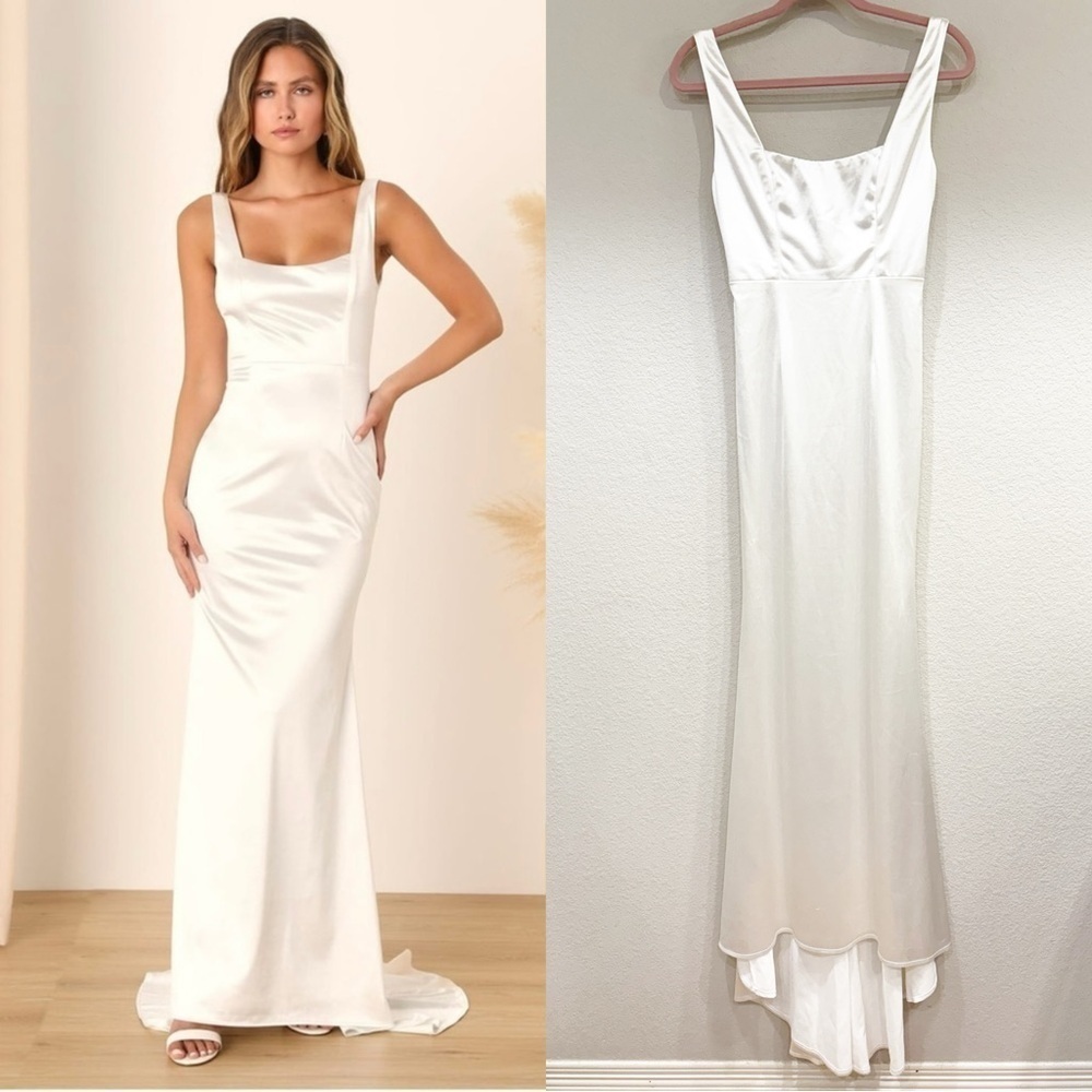 Sz XS NWOT Lulus Sensational Promise White Satin Square Neck Mermaid Maxi Dress